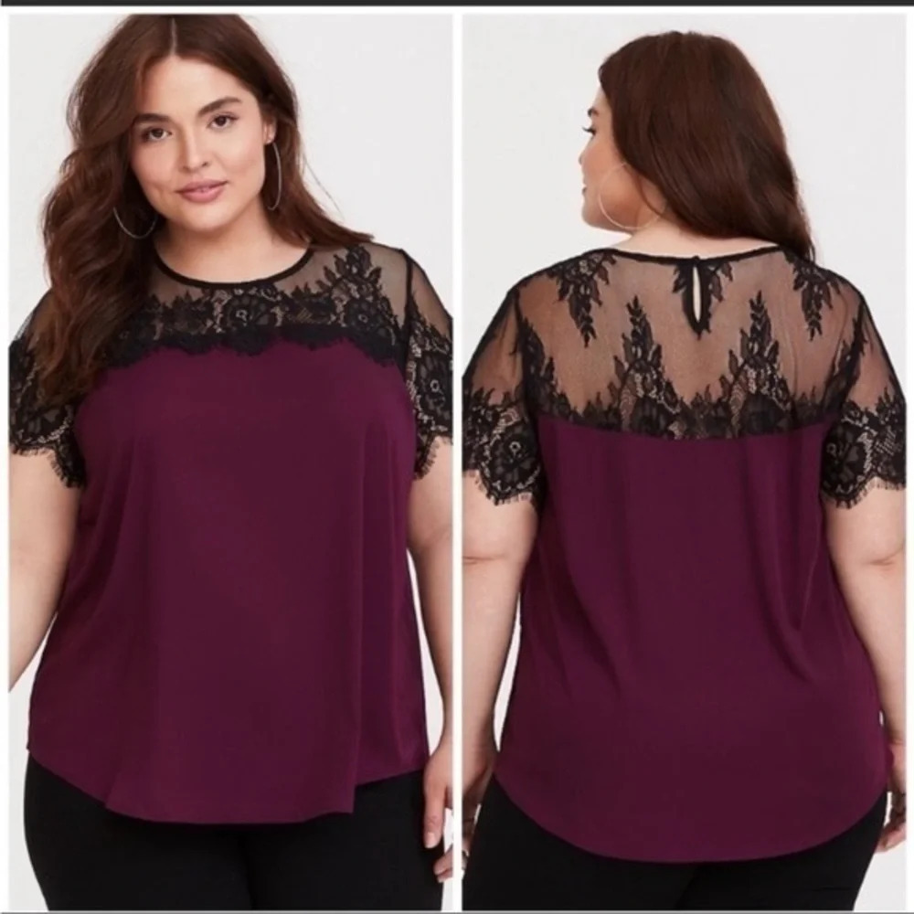 Torrid • Burgundy Black Lace and Satin Blouse